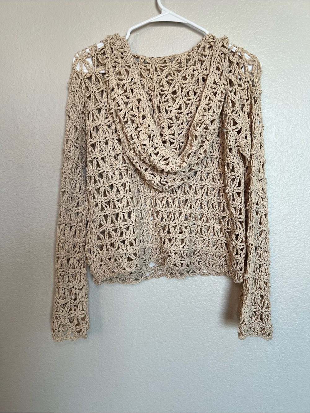 Free People Crochet Sweater Womens Medium Beige Boho Open Knit Bell Sleeve NWOT - Picture 3 of 6